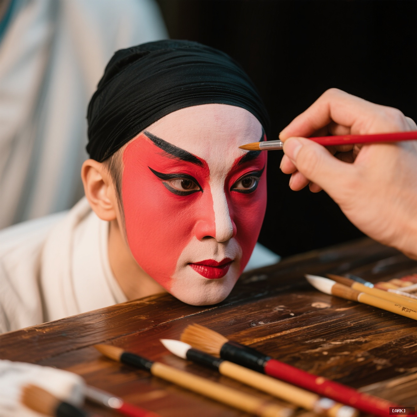 Close-up detail of an actor's hand applying vibrant red Peking opera makeup&hellip;, featuring Chinese opera mask painting