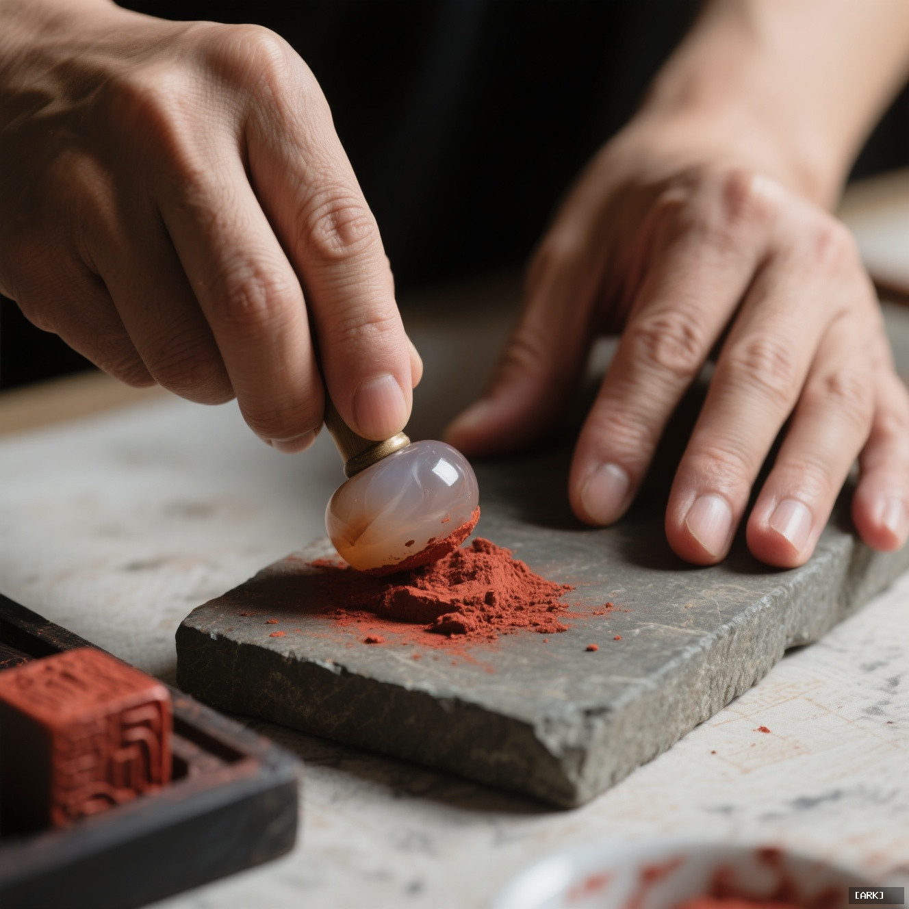 Close-up of hands grinding cinnabar pigment with an agate muller on a…, featuring Chinese seal paste preparation