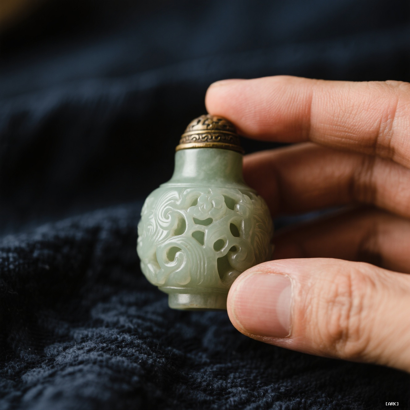 A close-up of an aged hand holding a carved jade Chinese snuff&hellip;, featuring Chinese snuff bottles