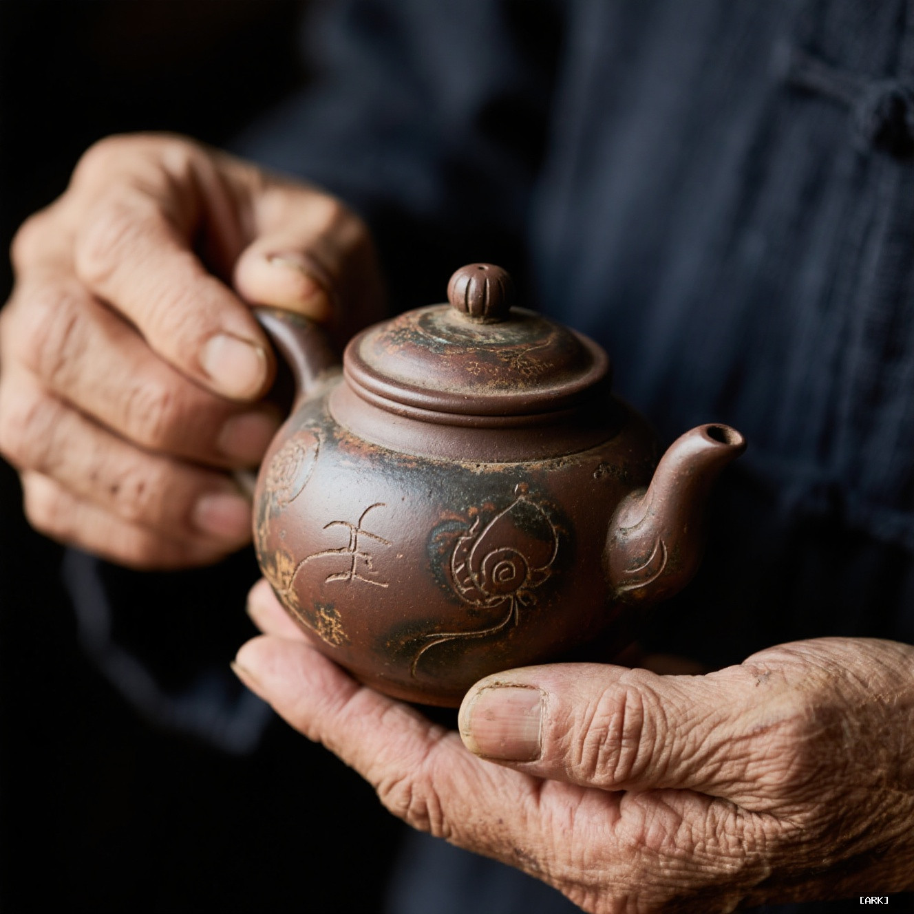 Close-up detail of weathered hands holding an antique Yixing clay teapot showing&hellip;, featuring Chinese tea culture hi…