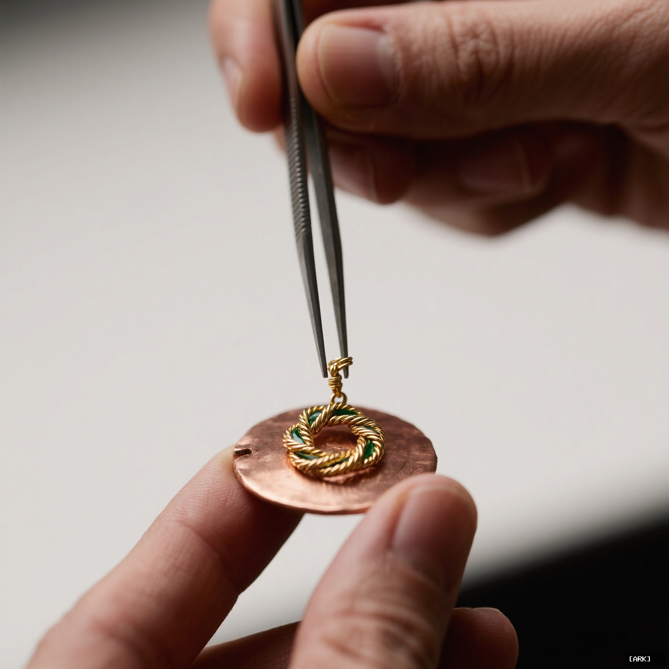 Close-up macro shot of a skilled hand using fine tweezers to place&hellip;, featuring Cloisonné enamel jewelry