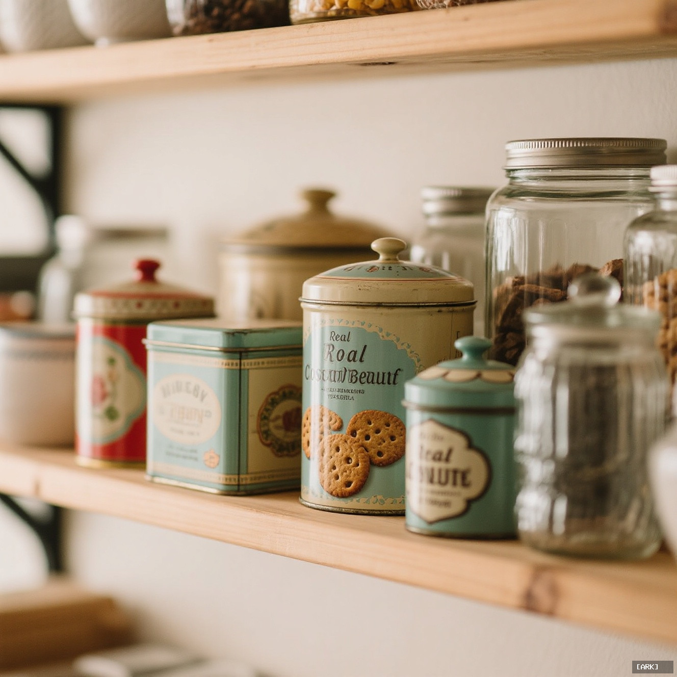 Close-up of assorted vintage cookie tins and repurposed glass jars on a…, featuring Decorative tea canisters