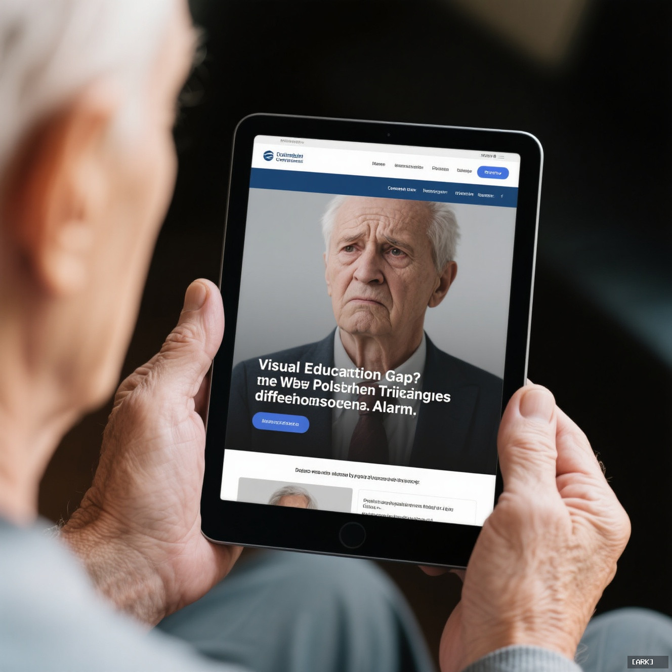 Close-up of elderly hands holding a tablet showing a sleek but generic&hellip;, featuring Dupe website