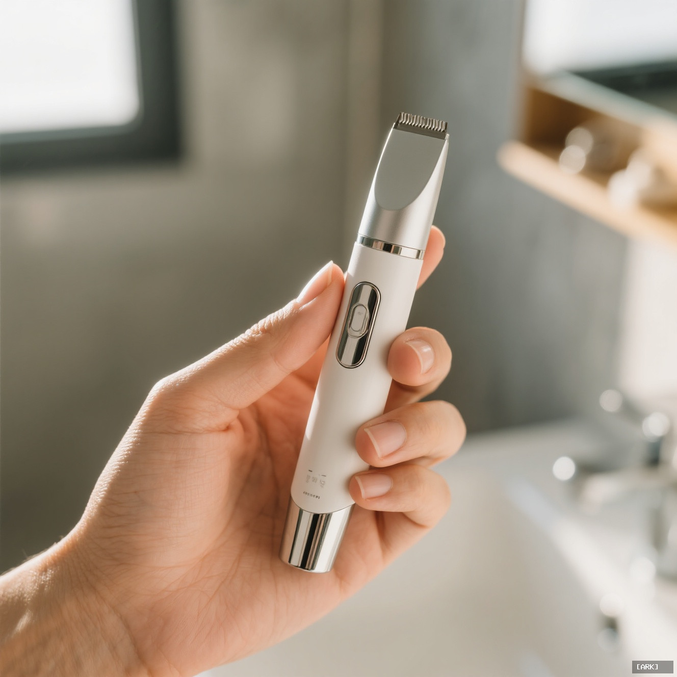 Close-up of a person's hand holding a sleek silver electric eyebrow trimmer&hellip;