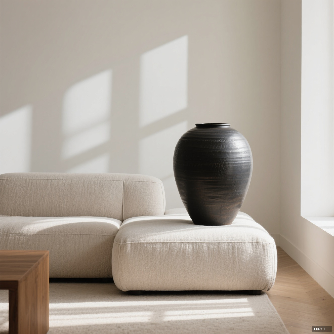A minimalist living room with a single large black ceramic vase anchoring&hellip;, featuring Feng Shui decor items