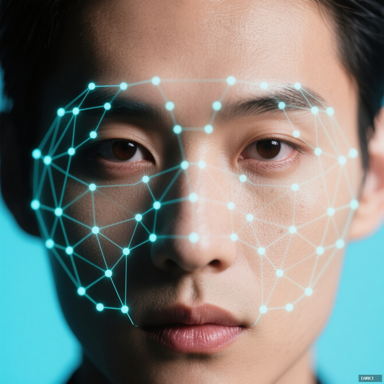 close-up portrait of a person's face overlaid with a faint glowing digital&hellip;, featuring AI attractiveness test