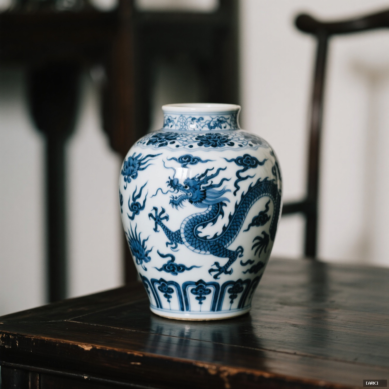 Close-up of a Ming dynasty blue and white porcelain vase on a&hellip;, featuring Chinese porcelain