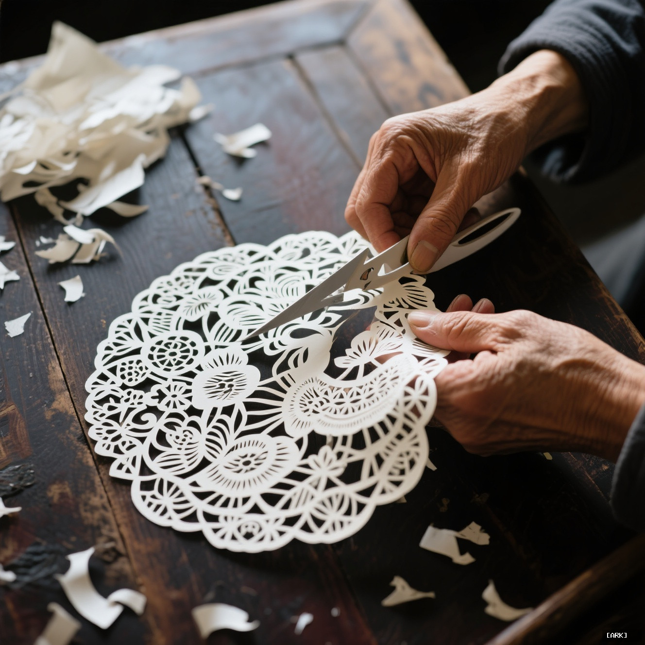 Close-up of a master's hands cutting intricate paper filigree against a dark&hellip;, featuring Chinese papercut art designs