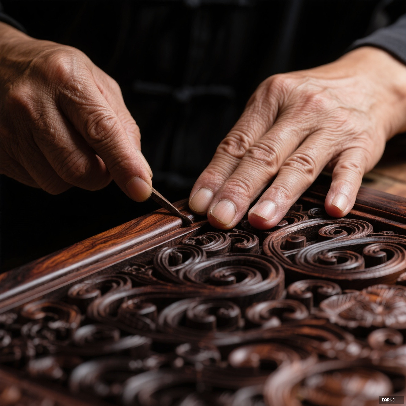 close-up detail of artisan's hands carving intricate patterns into dark huanghuali wood&hellip;, featuring Exotic Chinese …