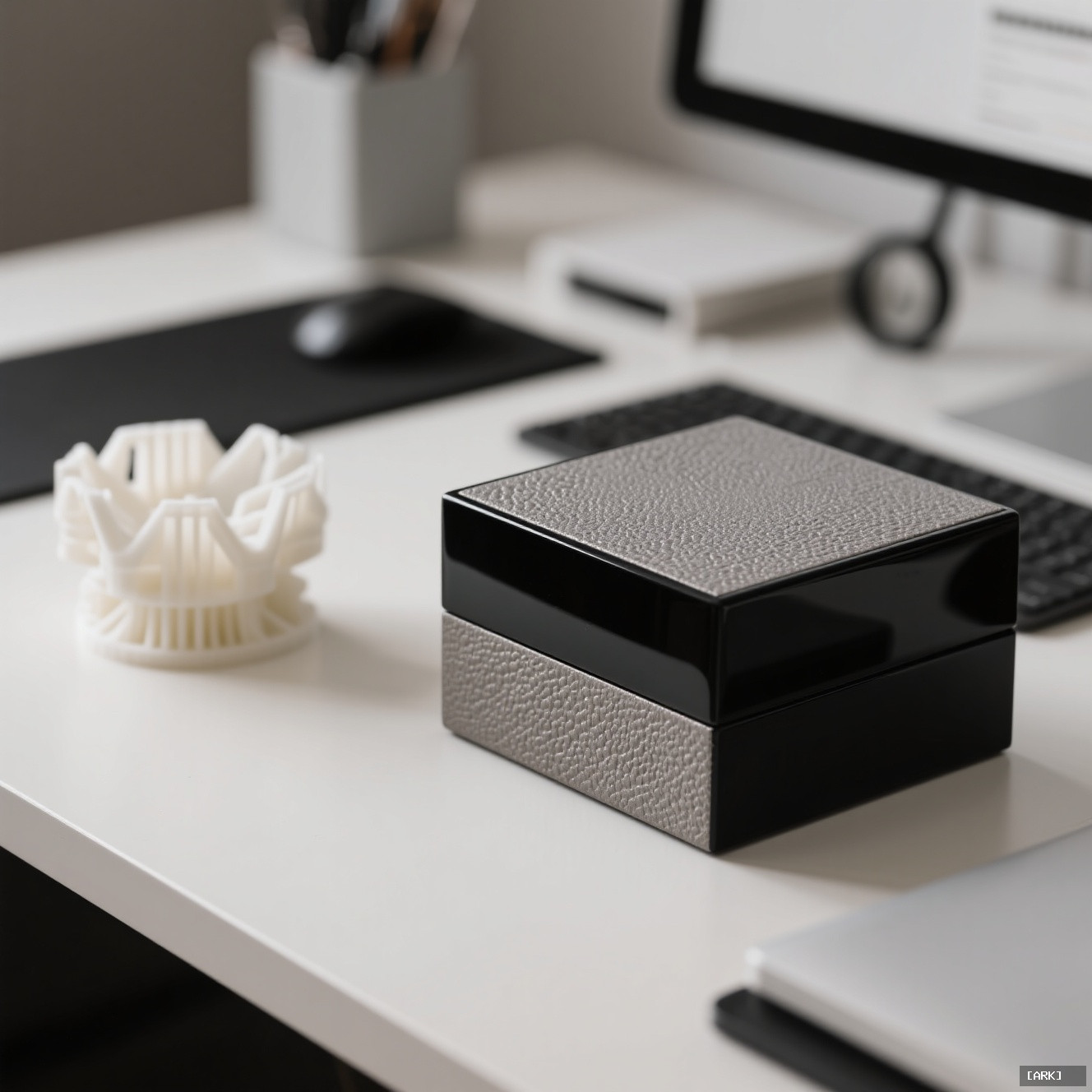 close-up detail of a contemporary lacquer box with a matte textured finish&hellip;, featuring Chinese lacquer box