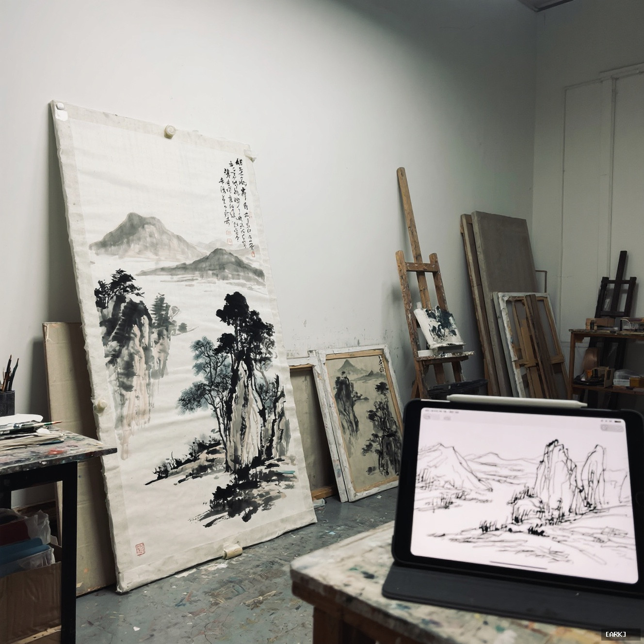 A contemporary artist's studio showing a large ink wash painting on xuan&hellip;, featuring Chinese scroll art