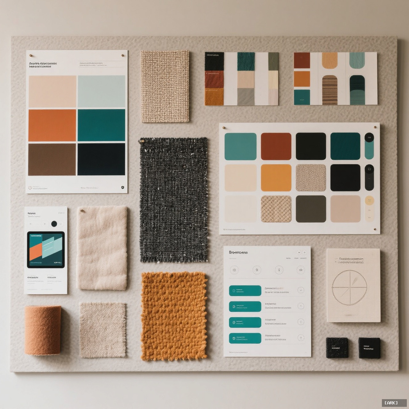 A mood board wall with cohesive color palettes texture samples and digital…, featuring Craft promotion strategies