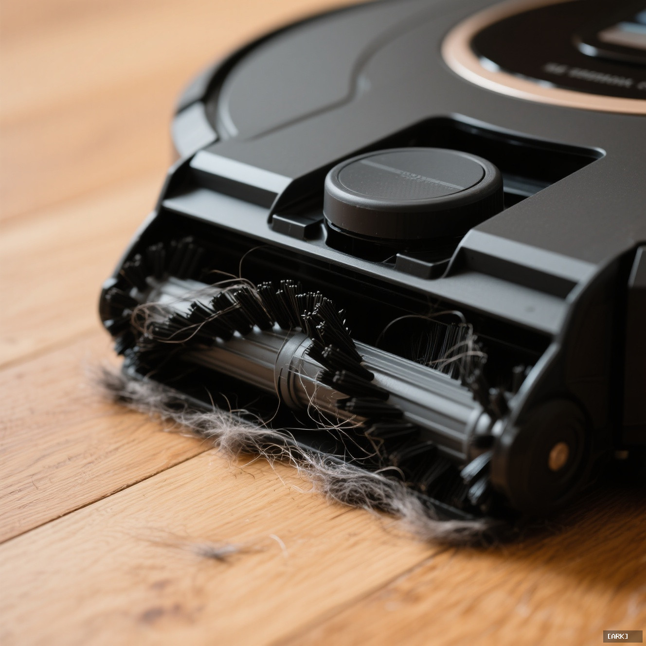 close-up of a black rubber brushroll on a robot vacuum free of…, featuring Best robot vacuum for pet hair