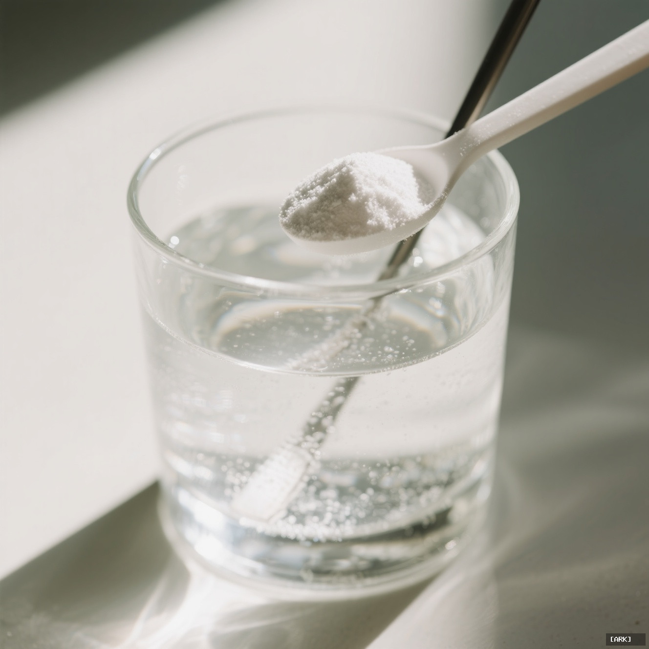 Close-up of a clear glass with water being stirred a scoop of…, featuring Electrolyte drink mix