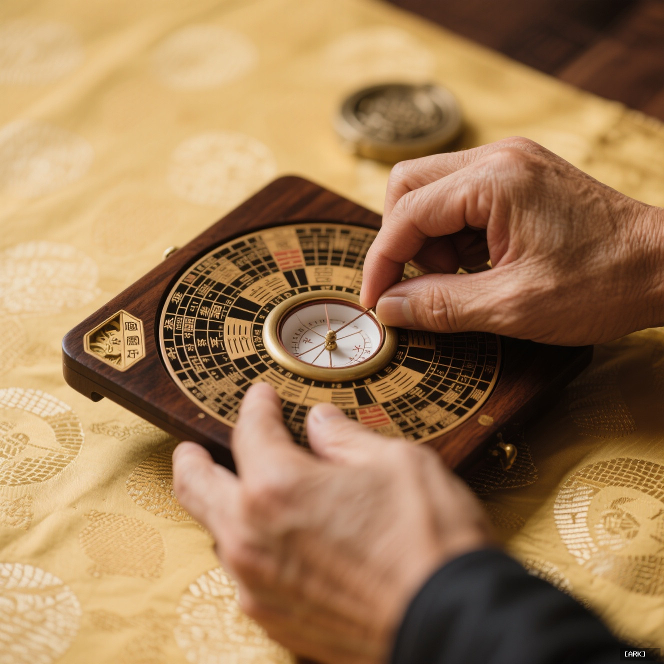Close-up of a master's hand adjusting a detailed wooden Luo Pan compass&hellip;, featuring Feng shui compass (Luo Pan)
