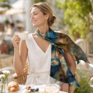 Woman wearing hand-painted Xiangyunsha silk scarf in casual everyday setting