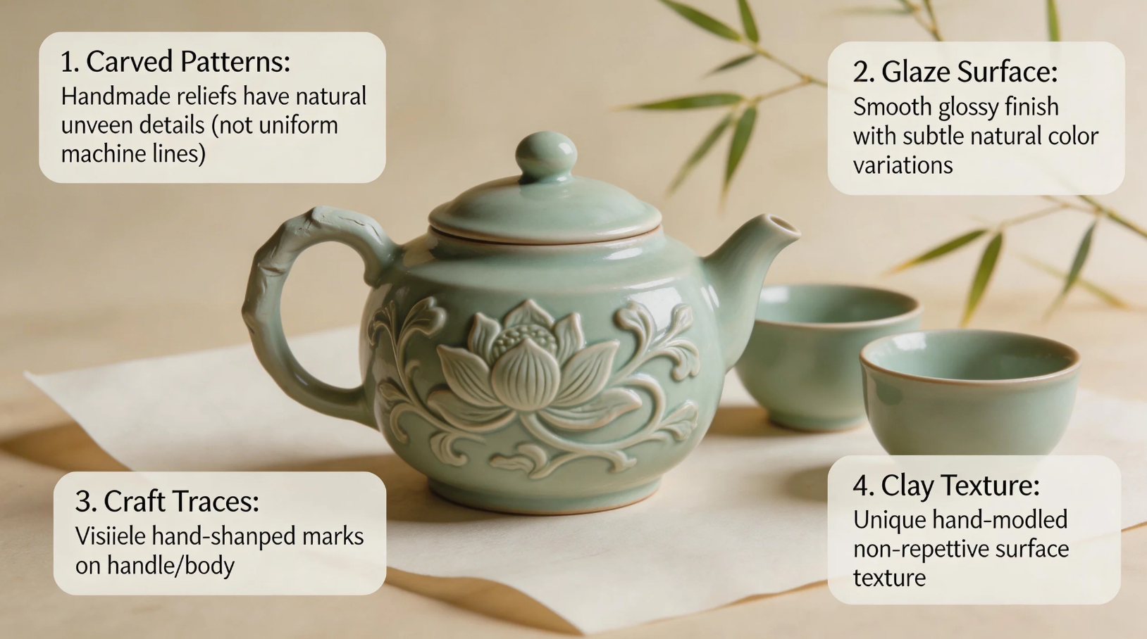 Teapot with decorative features and cups