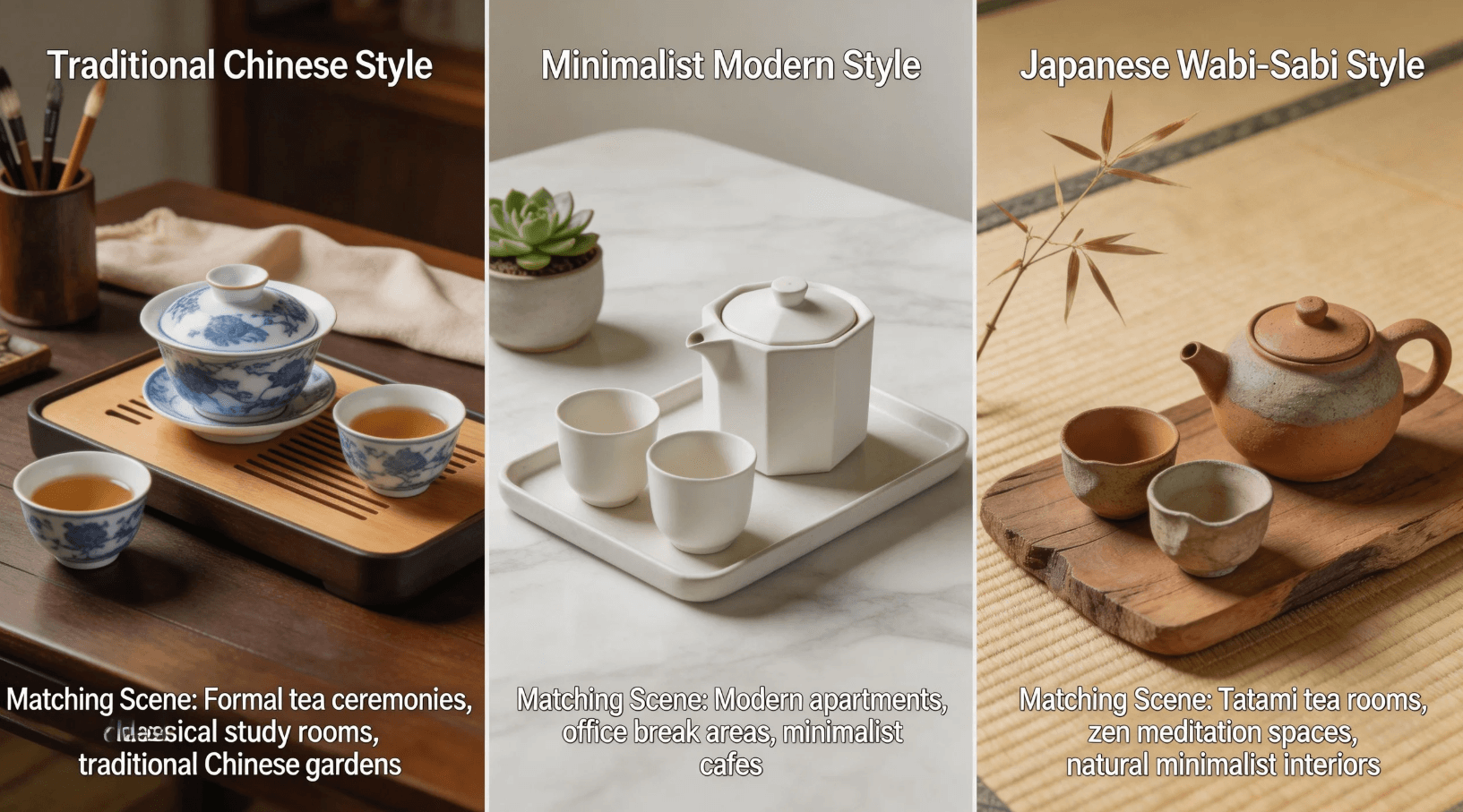 Three distinct tea styles showcased.