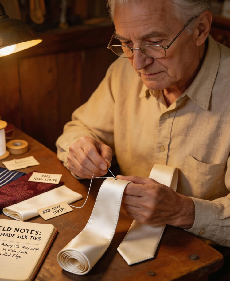 Elderly man sewing silk ties.