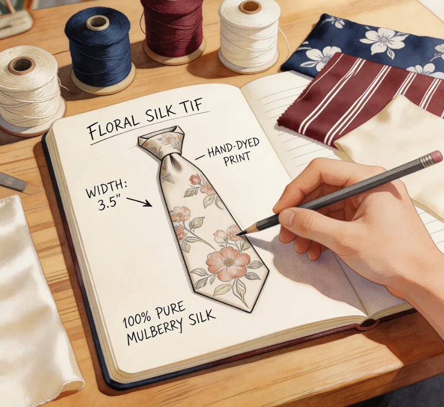 Hand-drawn floral silk tie design