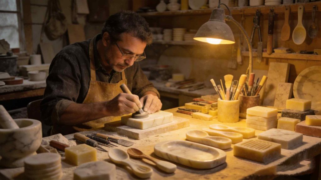 Craftsman carving soapstone tableware.