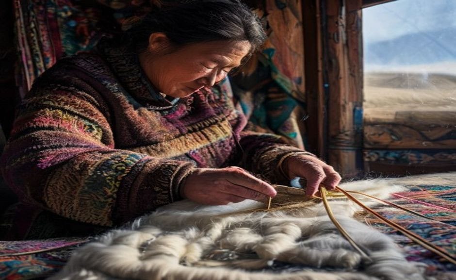 The Living Logic Behind Mongolian Rug Weaving Sitting cross-legged on a felt mat in
