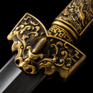 Pure copper Zhuang fittings detail on Longquan patterned steel Han sword — traditional Chinese craftsmanship close-up