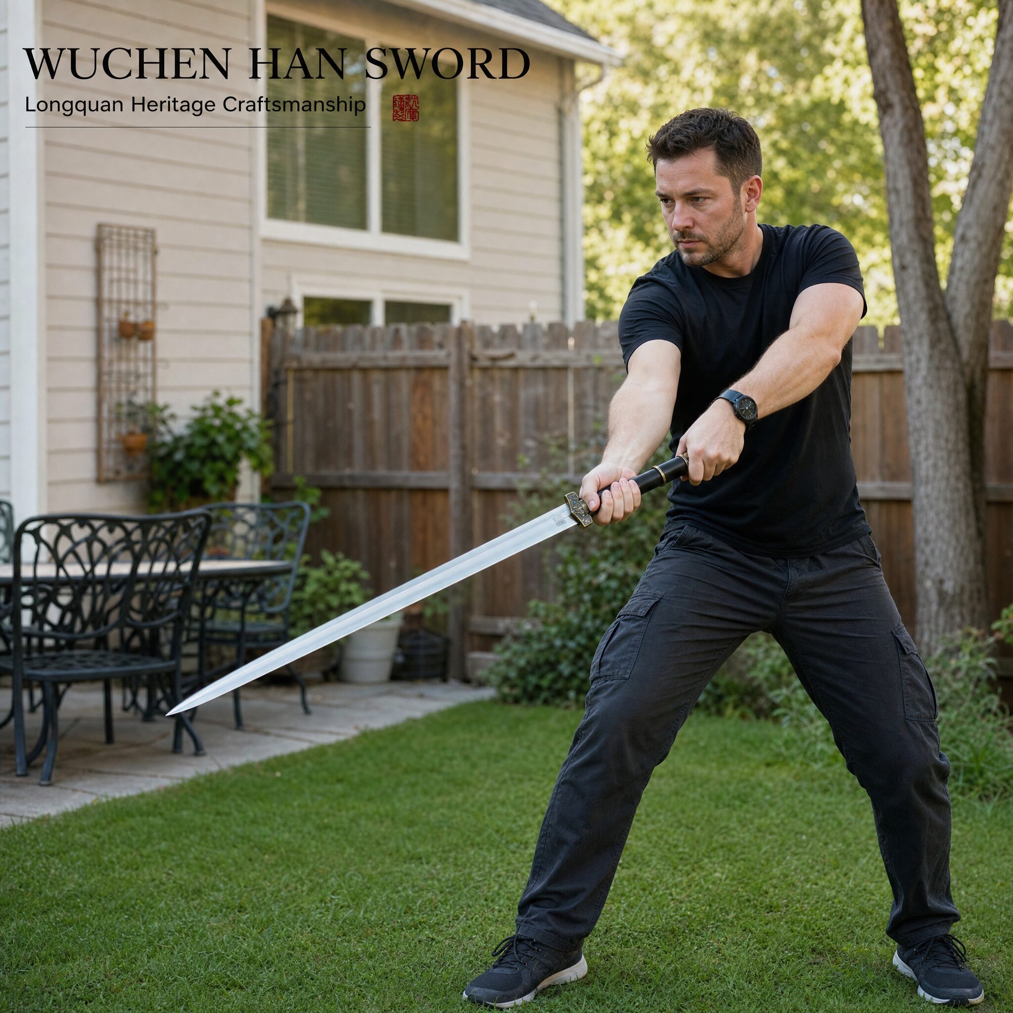 steel Authentic Wuchen Han Sword displayed in realistic backyard setting - Longquan intangible heritage