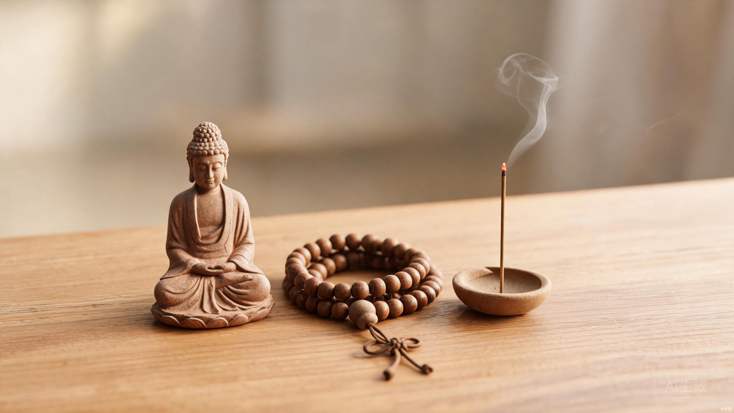 Zen meditation still life with Buddha statue, wooden mala beads, and burning incense on a wooden surface