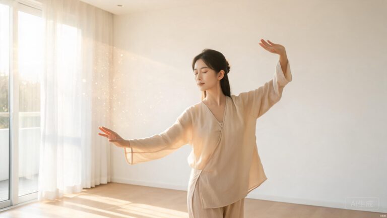 Baduanjin for Beginners: The 8-Minute Routine Going Viral on TikTok 17 Woman practicing baduanjin beginners routine in bright minimalist room, gentle qigong movement, soft morning light